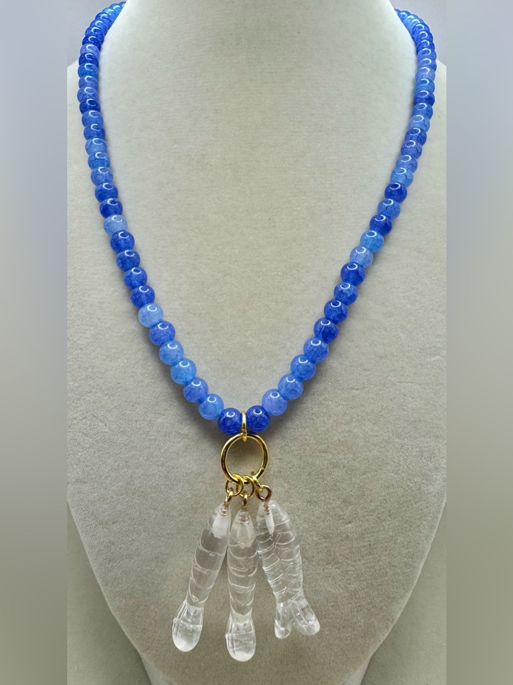 MAYAMAR Blue Beaded Necklace with Clear Triple Fish Pendant NEW